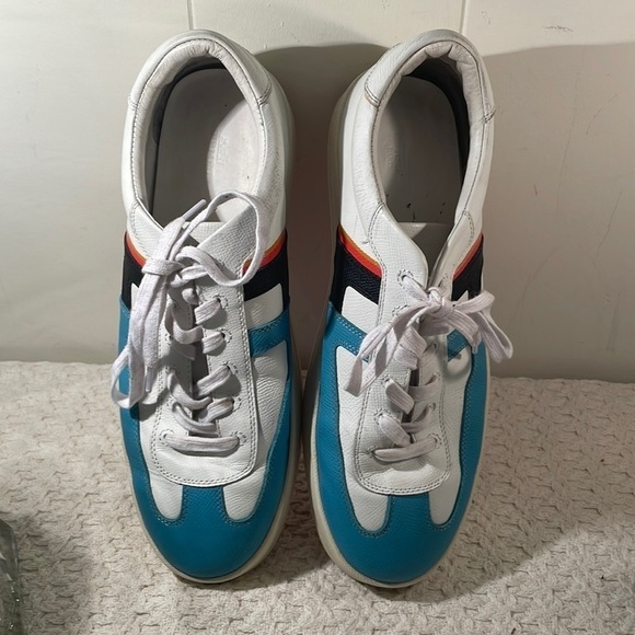 Hermes Boomerang Low-Top 8 US Leather Blue, Black and Orange Striped Sneakers
